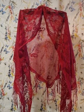 SHEIN Red Lace Fringe Wrap Shawl